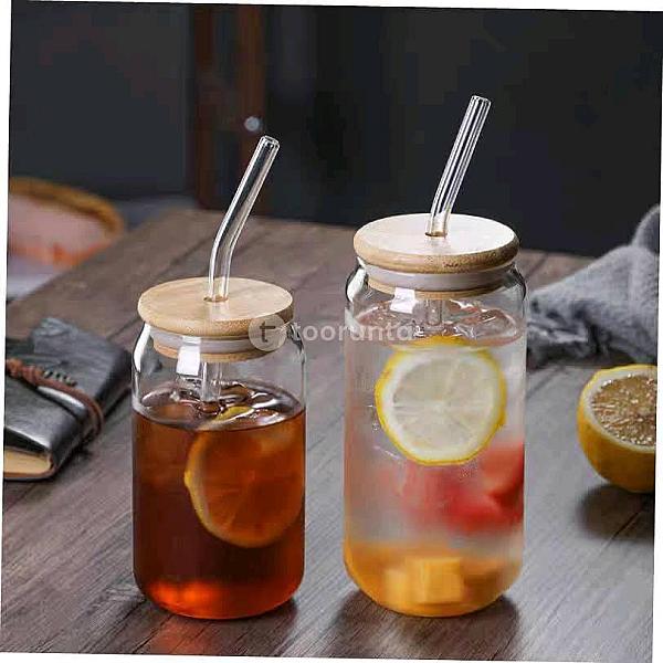 Glass Can With Bamboo Lid And Straw | 350 Ml