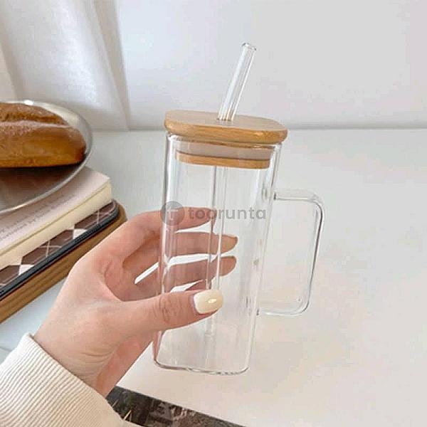 Clear Glass Tumbler Transparent With Bamboo Lid & Glass Straw 380ml