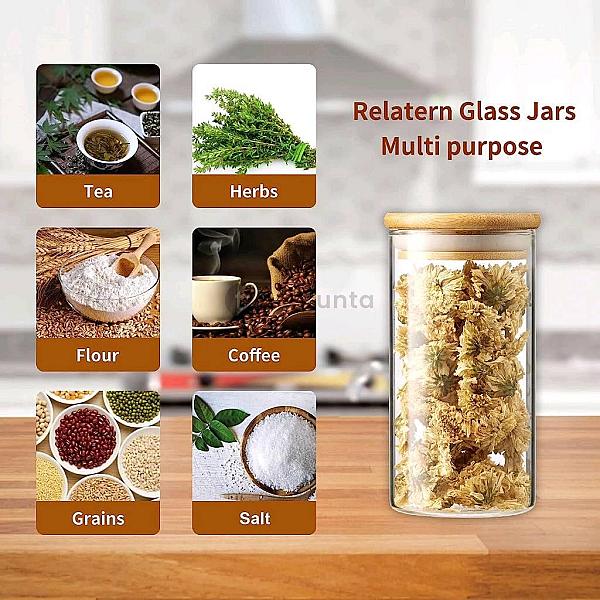 Cylindrical Glass Jars With Bamboo Lid 6.5 × 6.5 × 12 Cm | 500 Ml