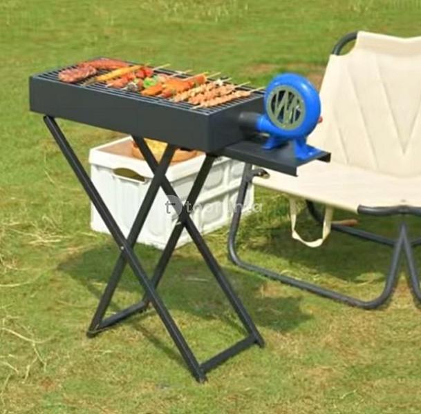Portable Charcoal BBQ Grill with Fan Integration, Charcoal BBQ Grill with Blower 23.5 x 12 inch Cooking Surface with Temperature Gauge and Smoke Exhaust