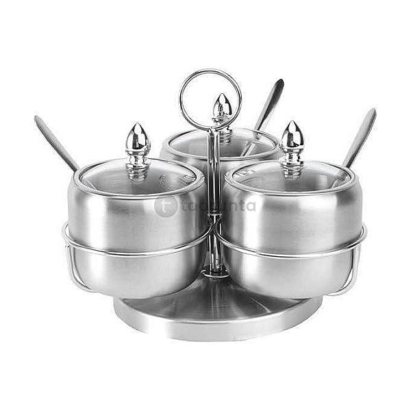 Rotating Stainless Steel Cruet Rack With 3-compartment Small Seasoning Jars 8.5cm Diameter, European-style Condiment Holder For Kitchen Countertop And Pantry Storage