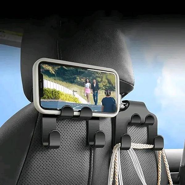 Car Seat Headrest Hook With Phone Holder | Universal Back Seat Organizer Hanger For Grocery Bags, Handbags, Clothes & Mobile