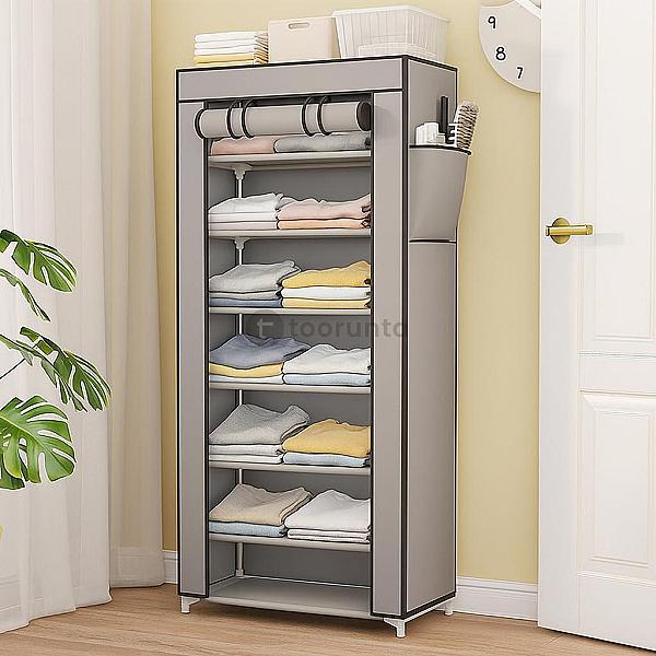 8-shelf Collapsible Wardrobe, Foldable Plastic Almirah For Clothes, Portable Storage Organizer With Metal Frame & Fabric Cover, Multi-purpose Cupboard For Bedroom (Grey) 58w X 30d X 125h Cm | Diy
