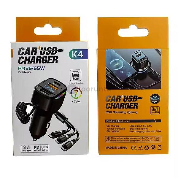 3-in-1 Car Usb-c Charger With Fast Charging Cable | 36w/65w Pd Car Charger With Digital Display & Rgb Breathing Light | Multi-device Vehicle Charging Adapter