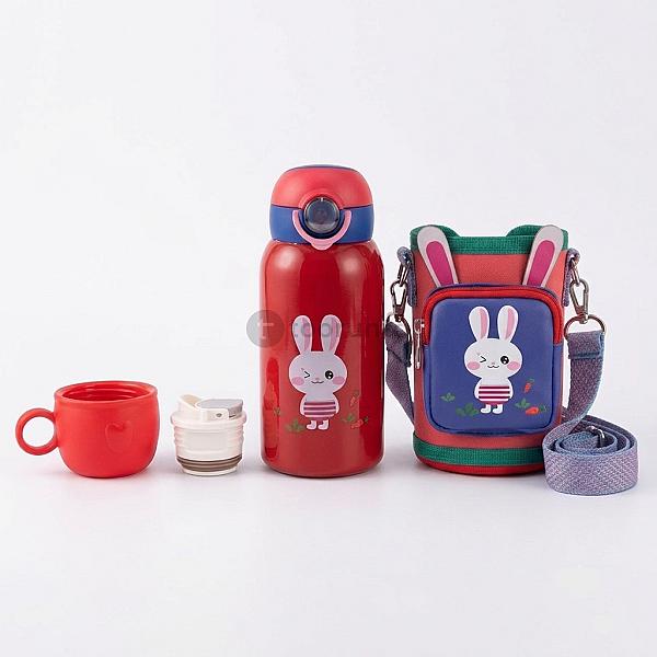 Kids Stainless Steel Insulated Water Bottle With Carry Bag | Leakproof Vacuum Flask With Cup Lid & Adjustable Shoulder Strap For School, Travel & Outdoor Use | Maintain Water Temperature For A Long Ti