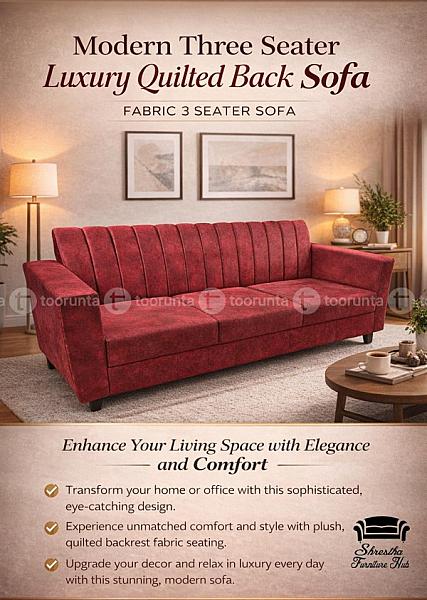 Modern Three Seater Luxury Quilted Back Sofa, Red