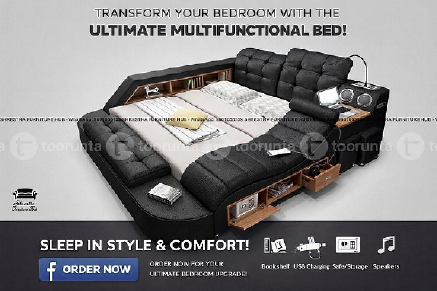 Luxury Multifunctional King Size Bed Frame, Modern Luxury Smart Bed With Massage Recliner,music Speaker,usb Port,storage Drawers,adjustable Leather Upholstered Headboard - Black