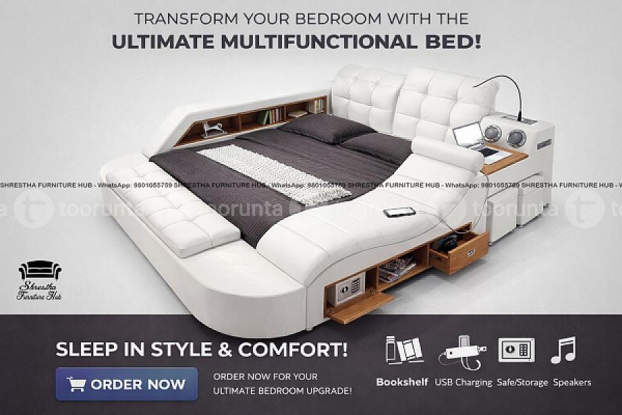 Multifunctional King Size Bed Frame, Modern Luxury Smart Bed With Massage Recliner,music Speaker,usb Port,storage Drawers,adjustable Leather Upholstered Headboard - Black