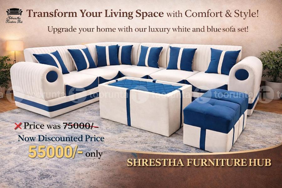 Premium Luxury L Shaped Roma Velvet Sofa Set For Living Room Office With Tea Table, Couple Dice Shaped Seats/muda, Blue