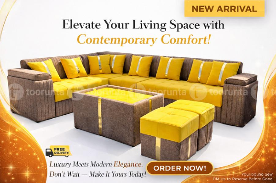 Premium Luxury L Shaped Roma Velvet Sofa Set For Living Room Office With Tea Table,couple Dice Shaped Seats/muda, Yellow