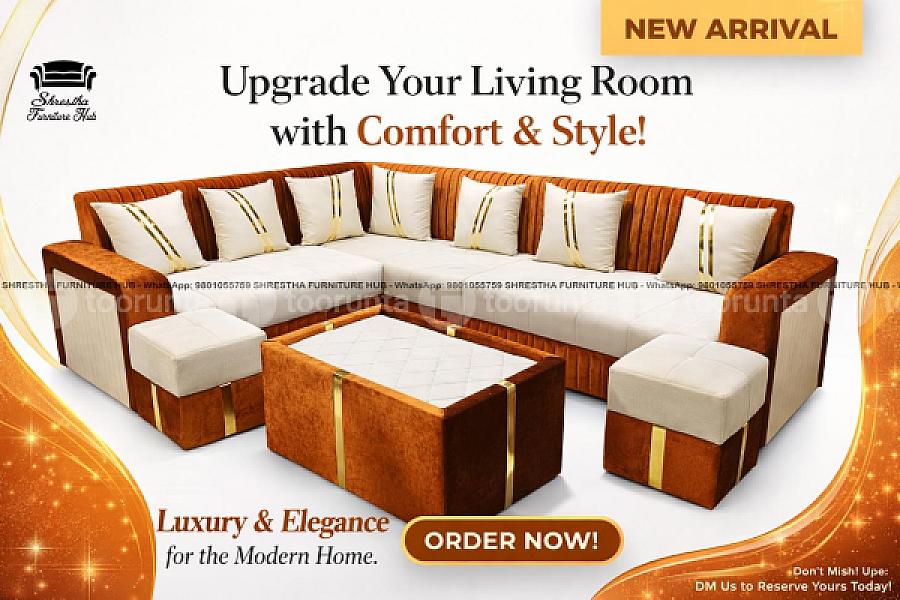 Premium Luxury L Shaped Roma Velvet Sofa Set For Living Room Office With Tea Table,couple Dice Shaped Seats/muda, Brown