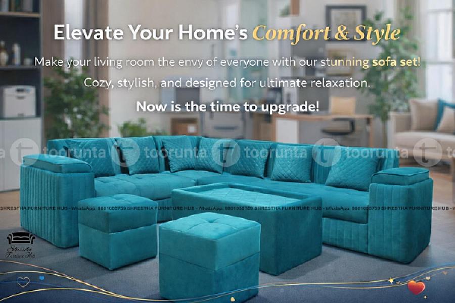 Premium Luxury L Shaped Roma Velvet Sofa Set For Living Room Office With Tea Table,couple Dice Shaped Seats/muda, Royal Blue