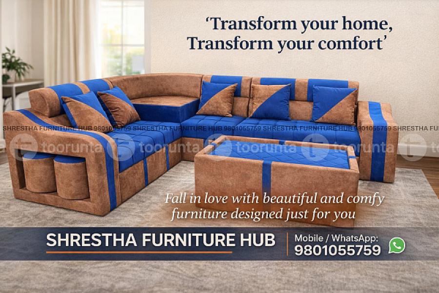 Royal Designed L Shaped Sofa Set For Living Room Office With Tea Table Cushion And Sitting Muda Sets,blue