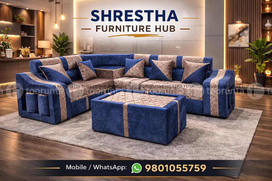 Royal Designed L Shaped Sofa Set For Living Room Office With Tea Table Cushion And Sitting Muda Sets,royal Blue