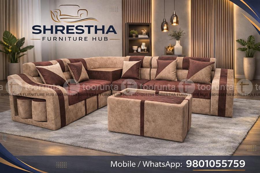 Royal Designed L Shaped Sofa Set For Living Room Office With Tea Table Cushion And Sitting Muda Sets,grey Maroon