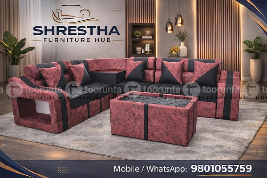 Royal Designed L Shaped Sofa Set For Living Room Office With Tea Table Cushion And Sitting Muda Sets,maroon Black