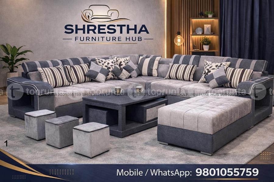 Elite L-shaped Sectional Sofa Set – Premium Grey & Slate Two-tone Fabric With Integrated Storage And Ottoman