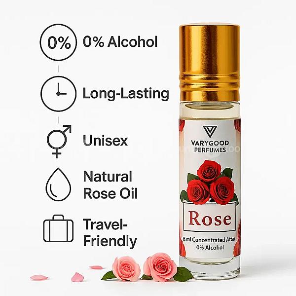 Varygood Rose Attar Roll On - 8ml Alcohol-free Long Lasting Concentrated Perfume For Men & Women | Natural Rose Fragrance
