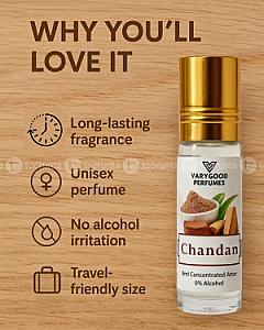 VaryGood Perfumes Chandan Attar Roll On – 8ml Alcohol-Free Concentrated Perfume for Men & Women