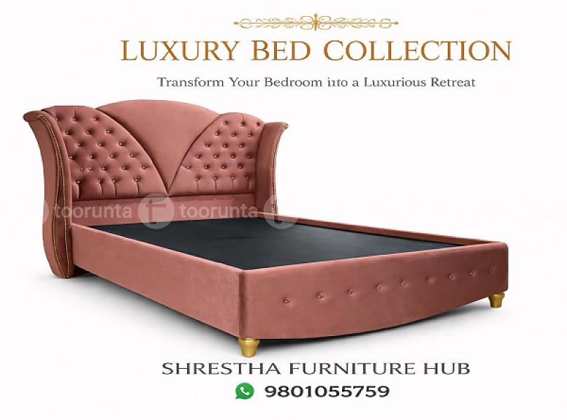 Luxury Designed Velvet Queen Size(5*6.5ft) Bed With Hand Tufted Wingback Headboard With Gold Accents & Rosewood Finish