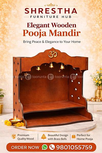 Wooden Pooja Mandir For Home With Brass Bells, Om Top Design, Open Shelf Style