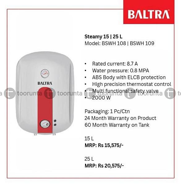 Baltra Electric Gas Geyser Steamy Bswh108 2000w 25ltrs