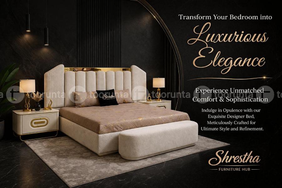 Modern Luxury Velvet Queen Size(5*6.5ft) Bed With Gold Finish & Wingback Headboard