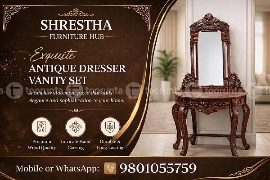 Antique Luxury Wooden Carved Dressing Table With Decorative Mirror Frame