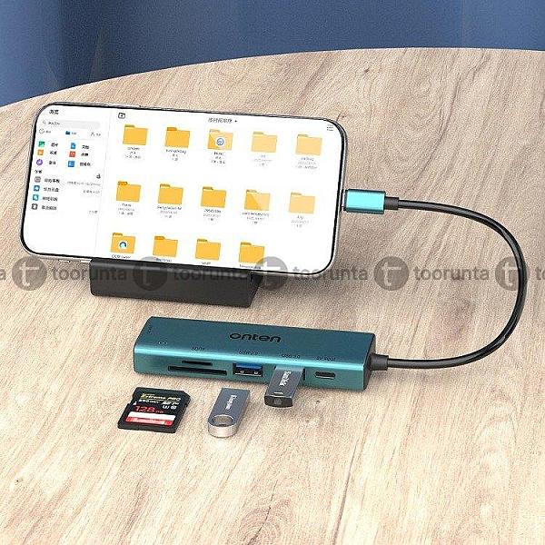 Onten Uc120 6 In 1 Usb-c To Sd / Tf Card Reader With 3-ports Usb Hub & 5v Input