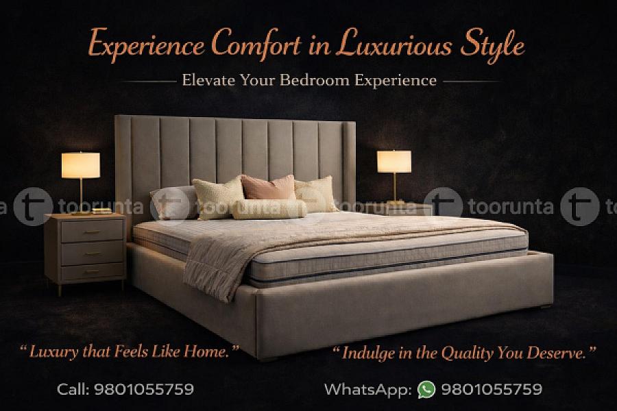 Premium Taupe Velvet Queen Size(5*6.5ft) With Gold Pillar Accents Platform Bed With Side Lamp Table