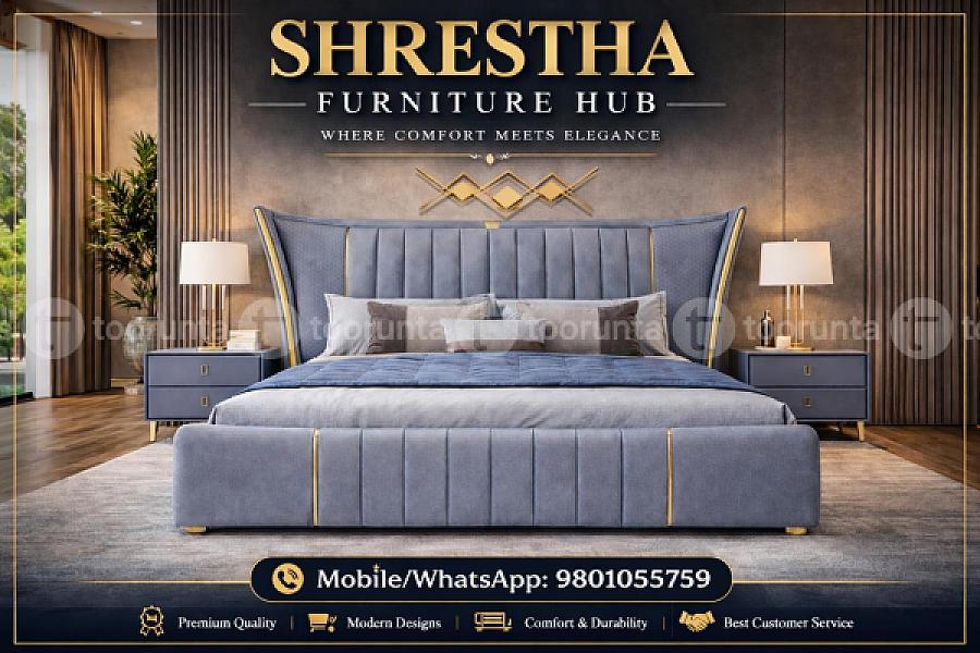 Premium Slate Blue Velvet Queen Size(5*6.5ft) Bed With Gold Pillar Accents And Side Lamp Table