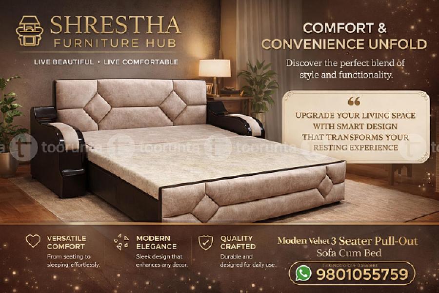 Modern 3 Seater Sofacum Luxury Bed With Velvet Roma Finishing For Home Office Hotel Restaurants