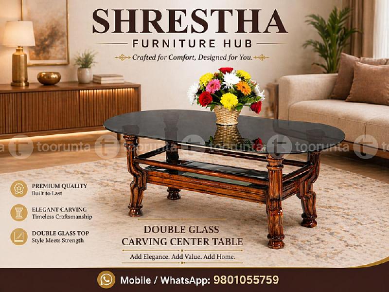 Double Glass Oval Center Table Ba-101 – Premium Carved Wood Coffee Table (48" X 24")