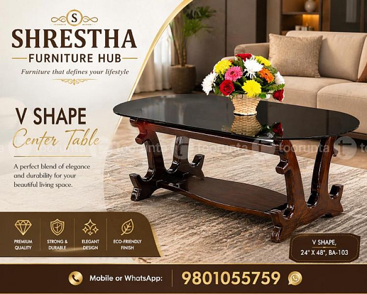Premium Modern V-shape Wooden Center Table, Oval Tinted Glass Coffee Table Ba-103 (24" X 48")