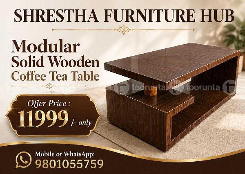 Modern Solid Wood Coffee Table 42" S-shape Geometric Center Table With Open Storage & Marble Pillar Accent