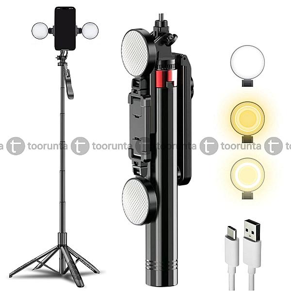 P185k 6ft Quadpod Selfie Stick Tripod With Dual Ring Lights & Bluetooth Remote