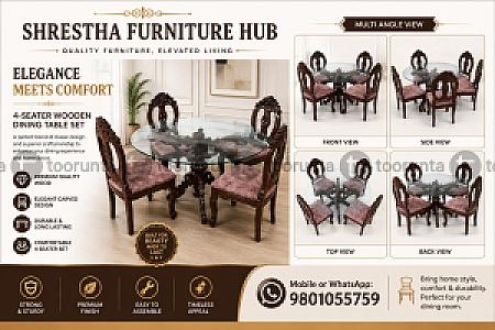 Luxury 4-Seater Round Glass Top Dining Table Set – Antique Carved Wooden Dining Chairs with Cushion Seats