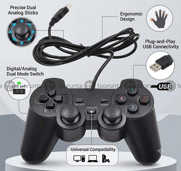 Usb Pc Dual Shock Controller, Wired Gaming Gamepad Joystick, Black, Compatible With Windows 11/10/8/7