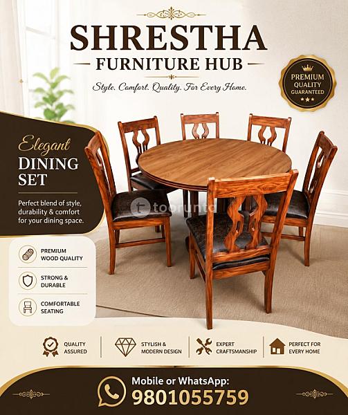 Royal Solid Shishaoo Wood 6 Seater Round Dining Table Set With Cushioned Chairs