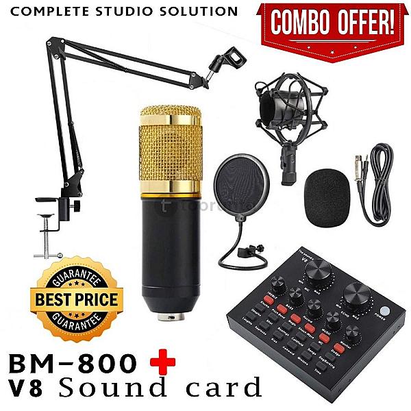 2-in-1 Combo: Bm800 Condenser Microphone Kit With V8 Bluetooth Sound Card - Professional Audio Studio Recording Microphone And Multi-functional Sound Card (Black)