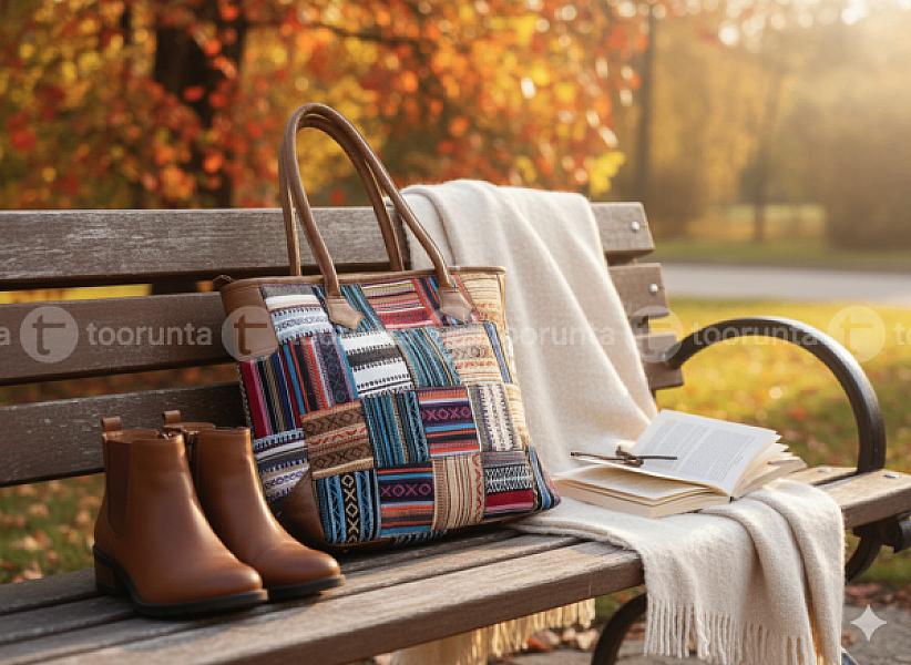 Women's Cotton & Leather Patchwork Tote Bag – Multi-color, Zipper Closure