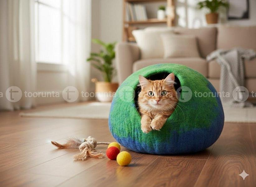 Cozy Blue & Green Handmade Eco-friendly Felt Cat House - 50cm, 100% New Zealand Wool, Crafted In Nepal