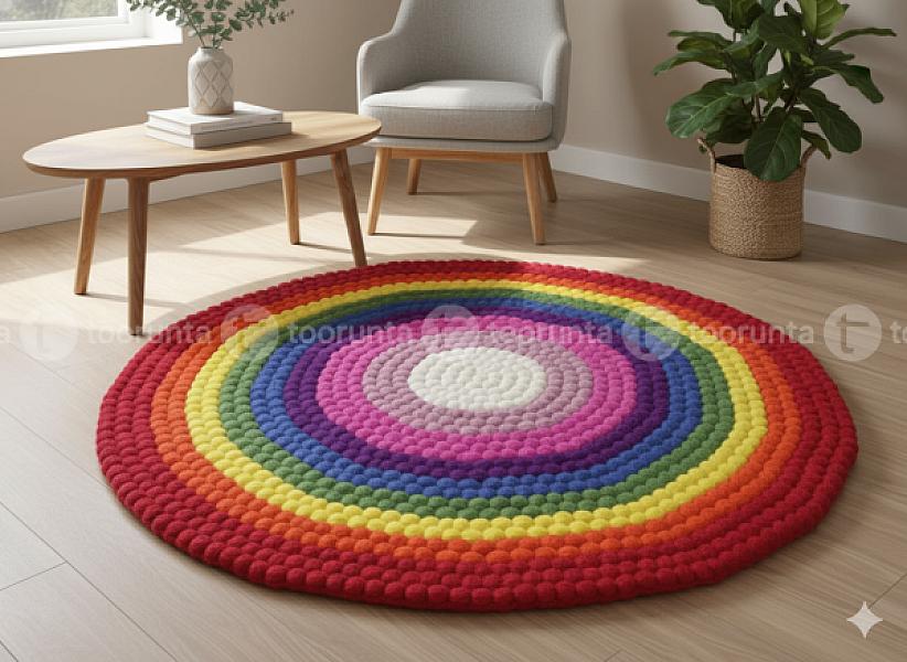 Handcrafted Rainbow Color Felt Ball Carpet – 100% New Zealand Wool, 98 Cm Round, Eco-friendly, And Multi-color For Home/office Décor