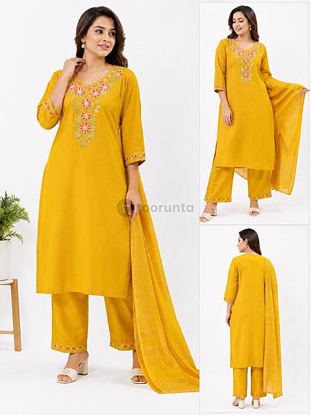 Women’s 3 Piece Kurta Set – Mustard Yellow Embroidered Kurti With Matching Pant & Dupatta