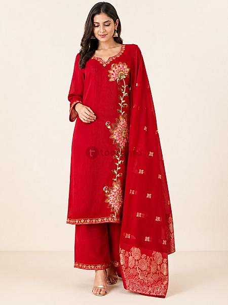 Women’s 3 Piece Malmal Cotton Kurta Set | Embroidered Kurta, Trouser & Dupatta | Red
