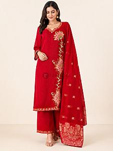 Women’s 3 Piece Malmal Cotton Kurta Set | Embroidered Kurta, Trouser & Dupatta | Red