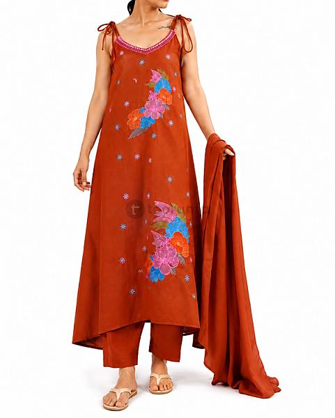Women’s Sleeveless Kurta Set 3 Piece Malmal Cotton Kurta, Trouser & Dupatta | Floral Embroidery