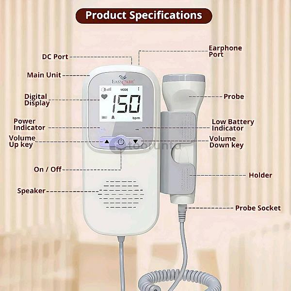 Easycare Ec2016 (German Tech.) Radiation Free, High Performance, Intelligent Dynamic Detection With Low Power Indicator Fetal Doppler Machine With High Sensitivity Probe