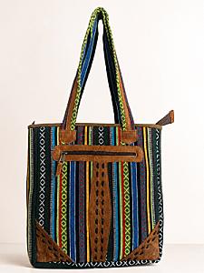 Handcrafted Nepali Striped Cotton & Leather Women's Shoulder Bag with Zipper and Adjustable Strap