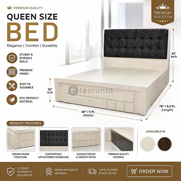 Modern 5x6.5 Feet Queen Size Storage Bed - Eco-friendly Laminated Wooden Bed Frame With Fabric Backrest